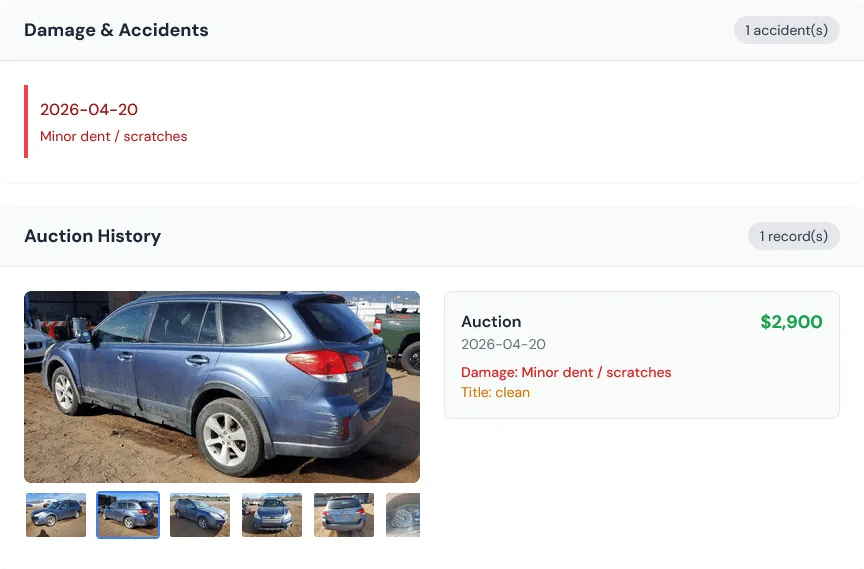 A VinPassed report's auction record showing sale price, damage notes, clean title status, and a gallery of pre-reconditioning auction photos, data Carfax and AutoCheck don't include.