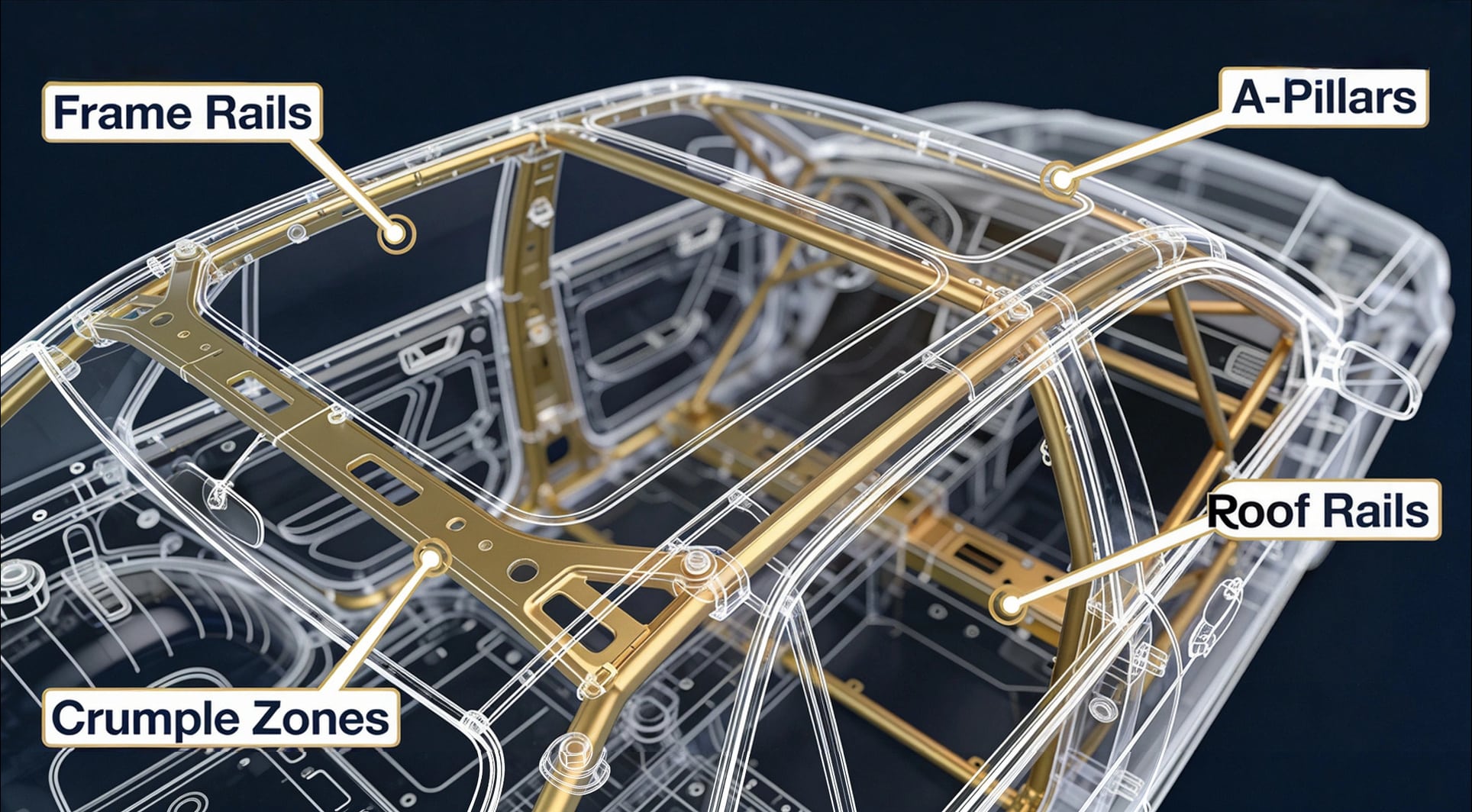 Diagram showing structural damage car components including frame rails, unibody, A-pillars, B-pillars, and crumple zones