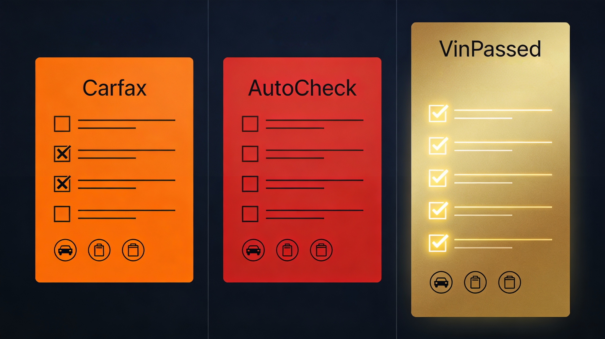 Carfax alterative comparison to AutoCheck, and VinPassed vehicle history reports showing feature differences