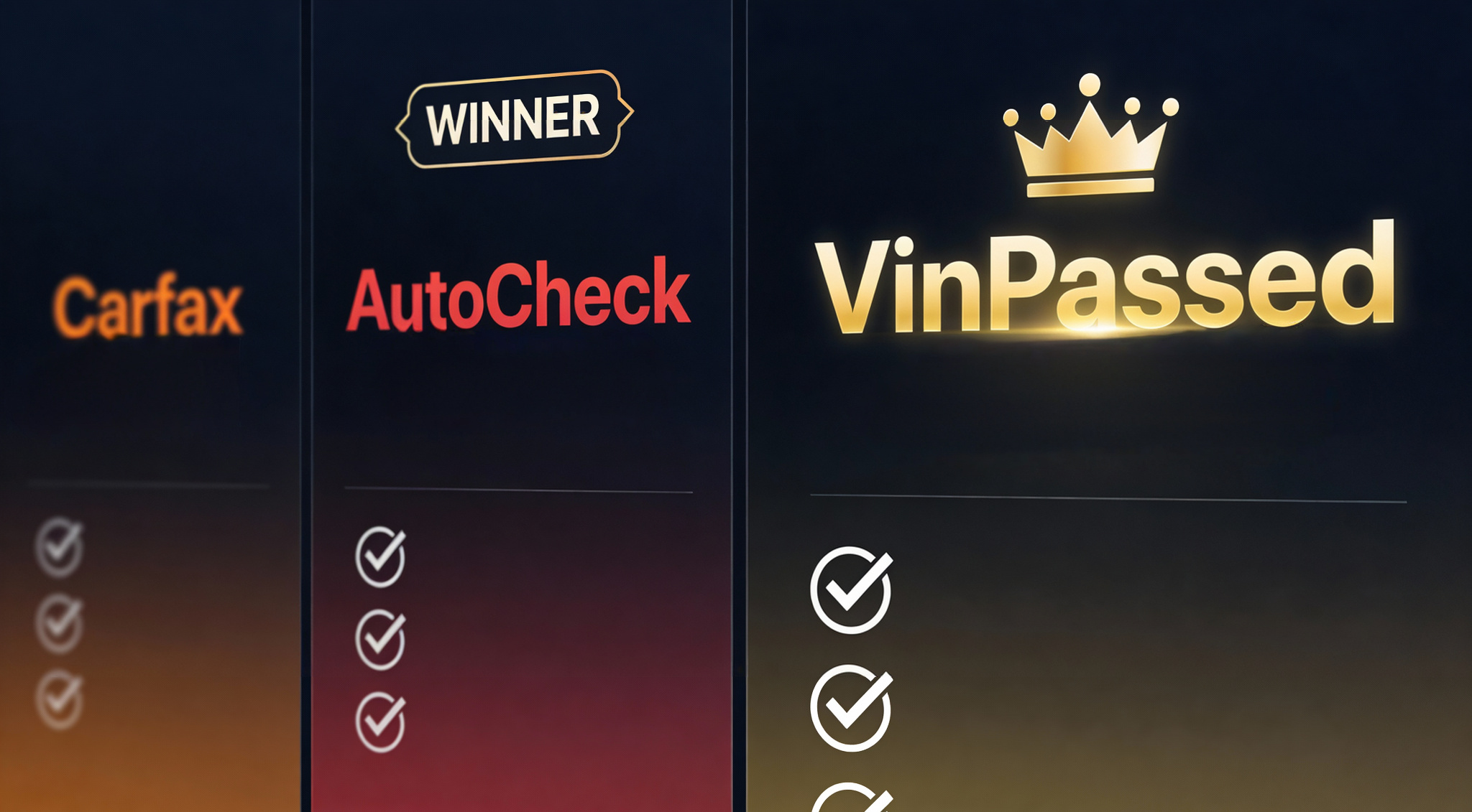 Three-way comparison showing VinPassed as the winner over Carfax and AutoCheck