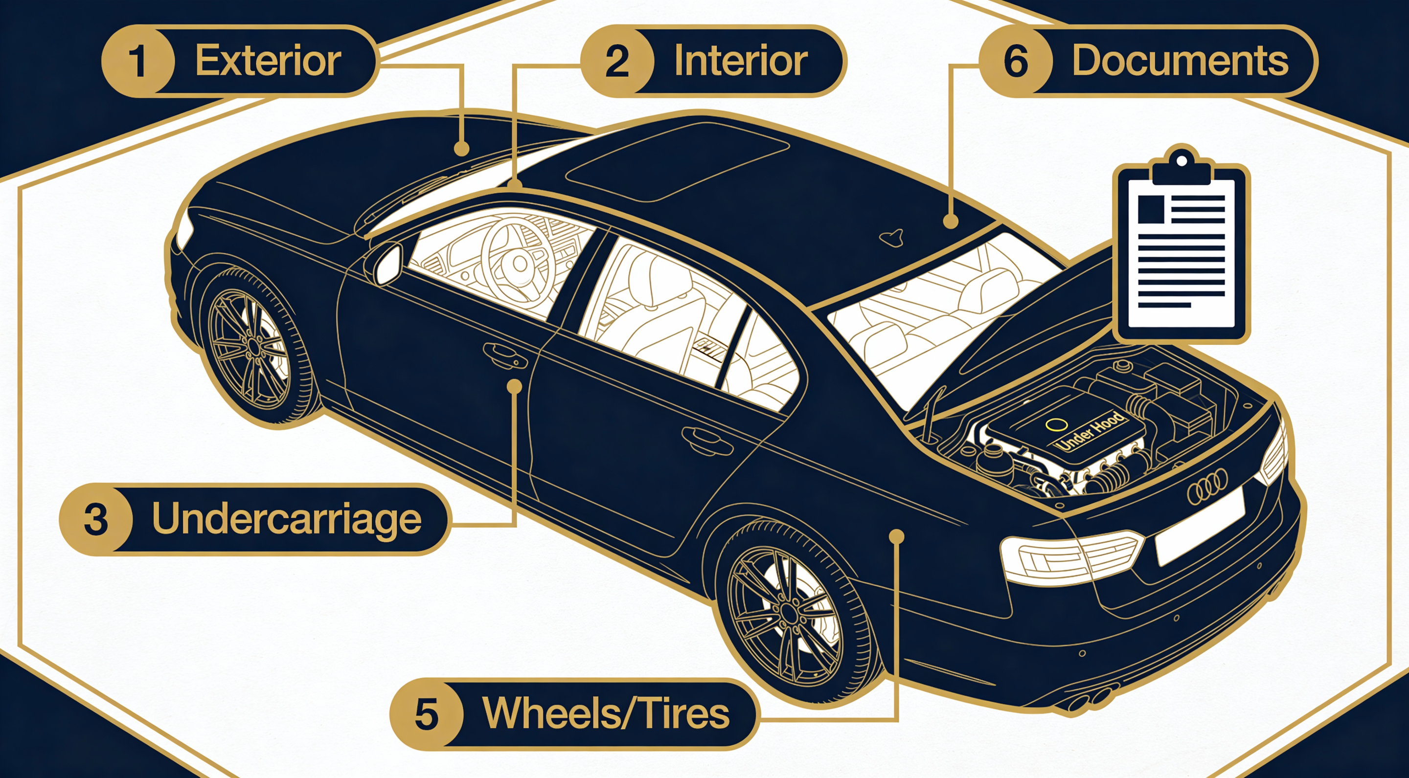 Diagram for used car inspection checklist showing 6 inspection zones - exterior, interior, under hood, undercarriage, test drive, and documents