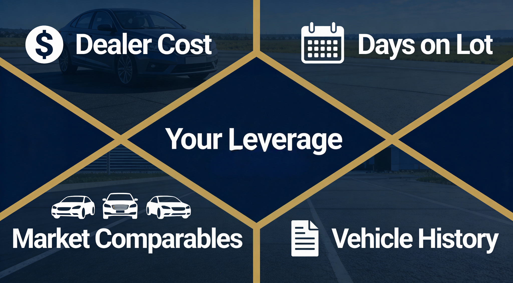 Infographic showing 4 negotiate used car price leverage points - dealer cost, time on lot, market comparables, and vehicle history